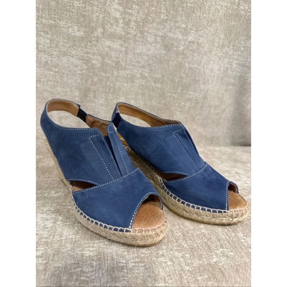 Kanna Women's Suede Open Toe Wedge Espadrille Slingback Sandals Blue Size 36